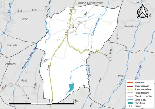 Carte en couleur présentant le réseau hydrographique de la commune