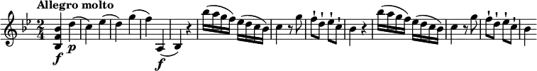 
 \relative c'' { 
    \version "2.18.2"
     \clef "treble" 
     \tempo "Allegro molto" 
     \key bes \major
     \time 2/4
       <bes, f' bes>4\f d'\p
       (c) ees
       (d) g
       (f) a,,\f
       (bes) r4
        bes''16 (a g f) ees (d c bes)
        c4 r8 g'8
        f-! d-! ees-! c-!
        bes 4 r4
        bes'16 (a g f) ees (d c bes)
        c4 r8 g'8
        f-! d-! ees-! c-!   
        bes4
}
