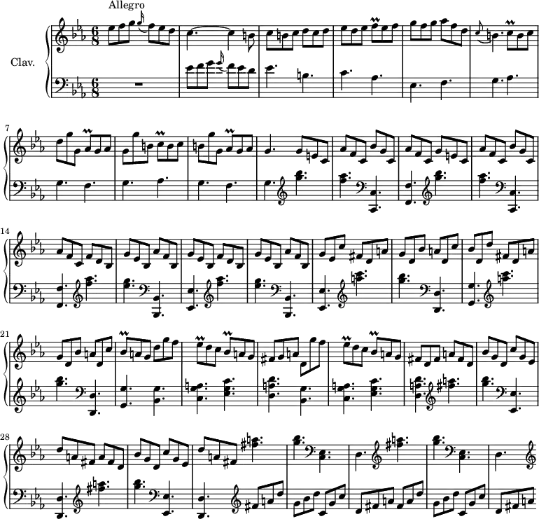 \version "2.18.2"
\header {
tagline = ##f
% composer = "Domenico Scarlatti"
% opus = "K. 174"
% meter = "Allegro"
}
%% les petites notes
trillFq = { \tag #'print { f8\prall } \tag #'midi { \times 2/3 { f32 g f~ } f16 } }
trillCq = { \tag #'print { c8\prall } \tag #'midi { \times 2/3 { c32 d c~ } c16 } }
trillAesq = { \tag #'print { aes8\prall } \tag #'midi { \times 2/3 { aes32 bes aes~ } aes16 } }
trillEesq = { \tag #'print { ees8\prall } \tag #'midi { \times 2/3 { ees32 e ees~ } ees16 } }
trillBesq = { \tag #'print { bes8\prall } \tag #'midi { \times 2/3 { bes32 c bes~ } bes16 } }
upper = \relative c'' {
\clef treble
\key c \minor
\time 6/8
\tempo 4. = 90
\set Staff.midiInstrument = #"harpsichord"
\override TupletBracket.bracket-visibility = ##f
s8*0^\markup{Allegro}
ees8 f g \appoggiatura g16 f8 ees d | c4.~ c4 b8 | c b c d c d | ees d ees \trillFq ees f | g f g aes f d |
% ms. 6
\appoggiatura c8 b4. \trillCq b8 c | d g g, \trillAesq g8 aes | g g' b, \trillCq b8 c | b g' g, \trillAesq g8 aes | g4. \repeat unfold 2 { g8 e c |
% ms. 11
aes'8 f c bes' g c, | aes'8 f c } f8 d bes | g' ees bes aes' f bes, |
% ms. 16
g'8 ees bes f' d bes | g' ees bes aes' f bes, | g' ees c' fis, d a' | g d bes' a d, c' | bes d, d' fis, d a' |
% ms. 21
g d bes' a d, c' | \trillBesq a8 g d' g f | \trillEesq d8 c \trillBesq a8 g | fis g a d, g'f | \trillEesq d8 c \trillBesq a8 g |
% ms. 26
fis8 d fis \repeat unfold 2 { a fis d | bes' g d c' g ees | d' a fis } \repeat unfold 2 { < fis' a >4. |
% ms. 31
< g bes > \clef bass < c,,, ees >4. d4. \clef treble }
}
lower = \relative c' {
\clef bass
\key c \minor
\time 6/8
\set Staff.midiInstrument = #"harpsichord"
\override TupletBracket.bracket-visibility = ##f
% ************************************** \appoggiatura a16 \repeat unfold 2 { } \times 2/3 { } \omit TupletNumber
R2. | ees8 f g \appoggiatura g16 f8 ees d | ees4. b c aes ees f |
% ms. 6
\repeat unfold 2 { g4. aes g f } | g4. \repeat unfold 2 { \clef treble < g'' bes >4.
% ms. 11
< f aes >4. \clef bass < c,,, c' >4. < f f' > } \repeat unfold 2 { \clef treble < f''' aes >4. | < ees g >4. \clef bass < bes,,, bes' >4.
% ms. 16
< ees ees' >4. } \repeat unfold 2 { \clef treble < a''' c >4. |
% ms. 21
< g bes >4. \clef bass < d,,, d' >4. < g g' >4. } \repeat unfold 2 { < bes g' >4. | < c g' a > < ees g c > |
% ms. 26 suite
< d a' d > } \repeat unfold 2 { \clef treble < fis'' a >4. | < g bes >4. \clef bass < ees,,, ees' >4. < d d' >4. } \clef treble fis''8 a d
% ms. 31
g,8 bes d c, g' c | d, fis a fis a d | g, bes d c, g' c | d, fis a
}
thePianoStaff = \new PianoStaff <<
\set PianoStaff.instrumentName = #"Clav."
\new Staff = "upper" \upper
\new Staff = "lower" \lower
>>
\score {
\keepWithTag #'print \thePianoStaff
\layout {
#(layout-set-staff-size 17)
\context {
\Score
\override SpacingSpanner.common-shortest-duration = #(ly:make-moment 1/2)
\remove "Metronome_mark_engraver"
}
}
}
\score {
\keepWithTag #'midi \thePianoStaff
\midi { }
}
