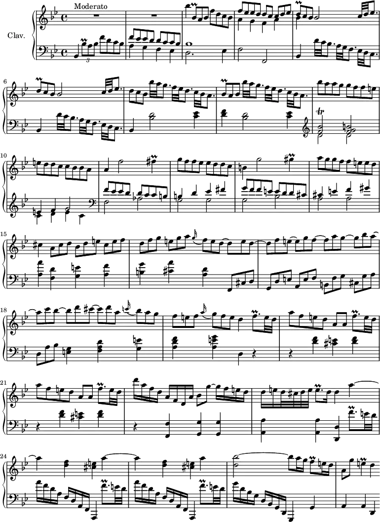 \version "2.18.2"
\header {
tagline = ##f
% composer = "Domenico Scarlatti"
% opus = "K. 439"
% meter = "Allegro"
}
%% les petites notes
trillBesqUp = { \tag #'print { bes'8\prall } \tag #'midi { c32 bes c bes } }
trillBesqDown = { \tag #'print { bes,8\prall } \tag #'midi { c32 bes c bes } }
trillBesq = { \tag #'print { bes8\prall } \tag #'midi { c32 bes c bes } }
trillDq = { \tag #'print { d8\prall } \tag #'midi { ees32 d ees d } }
trillFBesb = { \tag #'print { < f bes >2\trill } \tag #'midi { << { c32 bes c bes~ bes8~ bes4 } \\ { f2 } >> } }
trillFis = { \tag #'print { fis4\prall } \tag #'midi { g32 fis g fis~ fis8 } }
trillGis = { \tag #'print { gis4\prall } \tag #'midi { a32 gis a gis~ gis8 } }
trillFqp = { \tag #'print { f8.\prall } \tag #'midi { g32 f g f~ f16 } }
trillFqpUp = { \tag #'print { f'8.\prall } \tag #'midi { g32 f g f~ f16 } }
trillFqpUpUp = { \tag #'print { f''8.\prall } \tag #'midi { g32 f g f~ f16 } }
trillFqpUpUpUp = { \tag #'print { f'''8.\prall } \tag #'midi { g32 f g f~ f16 } }
trillEqp = { \tag #'print { e8.\prall } \tag #'midi { f32 e f e~ e16 } }
trillFq = { \tag #'print { f8\prall } \tag #'midi { g32 f g f } }
trillE = { \tag #'print { e4\prall } \tag #'midi { f32 e f e~ e8 } }
upper = \relative c'' {
\clef treble
\key bes \major
\time 4/4
\tempo 4 = 82
\set Staff.midiInstrument = #"harpsichord"
\override TupletBracket.bracket-visibility = ##f
s8*0^\markup{Moderato}
R1*2 | bes'4 \omit TupletNumber \times 2/3 { \trillBesqDown a8 bes } f'8 d c bes | << { f'8 ees ees d d c \omit TupletNumber \times 2/3 { c8 d ees } } \\ { a,4 g f a } >>
% ms. 5
<< { \repeat unfold 2 { \times 2/3 { \trillDq c8 bes } bes2 c32 d ees8. } } \\ { bes4 } >> | \times 2/3 { d8 c bes } bes'32 a g8. f32 ees d8. c32 bes a8.
% ms. 8
\times 2/3 { \trillBesq a8 bes } bes'32 a g8. f32 ees d8. c32 bes a8. | bes'8 a a g g f f e | e d d c c bes bes a |
% ms. 11
a4 f'2 \trillFis | g8 f f ees ees d d c | b4 g'2 \trillGis | a8 g g f f e e d |
% ms. 15
cis4 \times 2/3 { a8 cis d } \times 2/3 { bes8 d e } \times 2/3 { cis8 e f } | \times 2/3 { d8 f g } \times 2/3 { e8 g a } \appoggiatura g16 \times 2/3 { f8 e d~ } \times 2/3 { d8 e d~ } | \times 2/3 { d8 f e~ } \times 2/3 { e8 g f~ } \times 2/3 { f8 a g~ } \times 2/3 { g8 bes a~ }
% ms. 18
\times 2/3 { a8 c bes~ } \times 2/3 { bes8 d cis~ } \times 2/3 { cis8 d a } \appoggiatura c16 \times 2/3 { bes8 a g } | \times 2/3 { f8 e f } \appoggiatura a16 \times 2/3 { g8 f e } d4 \trillFqp e32 d | a'8 f e d a a \trillFqpUp e32 d |
% ms. 21
a'8 f e d a a \trillFqpUp e32 d | d'16 a f d a f d a' bes8 g'~ g16 f e d | d e d32 cis d e \trillEqp d16 d4 a'~ |
% ms. 24
\repeat unfold 2 { a4 < d, f >4 < cis e > a'4~ } < d, bes' >2~ bes'8 a16 g \trillFq e16 d
% ms. 27
a8 g' \trillE d4
}
lower = \relative c' {
\clef bass
\key bes \major
\time 4/4
\set Staff.midiInstrument = #"harpsichord"
\override TupletBracket.bracket-visibility = ##f
% ************************************** \appoggiatura a16 \repeat unfold 2 { } \omit TupletNumber \times 2/3 { }
bes,4 \times 2/3 { \trillBesqUp a8 bes } f'8 d c bes | << { f'8 ees ees d d c c bes | bes1 } \\ { a4 g f ees | d2. ees4 } >> | f2 f, |
% ms. 5
\repeat unfold 2 { bes4 d'32 c bes8. a32 g f8. ees32 d c8. } | bes4 < bes' d >2 < c ees >4
% ms. 8
< d f >4 < bes d >2 < c ees >4 | \clef treble << { \trillFBesb < f' g b >2 | e4 f g2 } \\ { d2 d | c4 d e c } >> | \clef bass
% ms. 11
<< { f8 ees ees d d c c b | b4 d ees fis | g8 f f e e d d cis | cis4 e f gis } \\ { f,2 aes | g g g bes | a a } >>
% ms. 15
< a a' >4 < f d' > < g e' > < a f' > | < b g' > < cis a' > < d a > | \omit TupletNumber \times 2/3 { f,,8 cis' d } | \times 2/3 { g,8 d' e } \times 2/3 { a,8 e' f } \times 2/3 { b,8 f' g } \times 2/3 { cis,8 g' a }
% ms. 18
\times 2/3 { d,8 a' bes } < e, g >4 < f a d > < g e' > | < a d f > < a e' g > d,4 r4 | \repeat unfold 2 { r4 < d' f >4 < cis e > < d f > }
% ms. 22
r4 < f,, f' >4 < g g' > q | < a a' > q < d, d' > \trillFqpUpUp \repeat unfold 2 { e32 d |
% ms. 24
a'16 f d a f d a f a,4 | \trillFqpUpUpUp } e32 d | g16 d bes g d bes g d g,4 g' |
% ms. 27
a4 a d,
}
thePianoStaff = \new PianoStaff <<
\set PianoStaff.instrumentName = #"Clav."
\new Staff = "upper" \upper
\new Staff = "lower" \lower
>>
\score {
\keepWithTag #'print \thePianoStaff
\layout {
#(layout-set-staff-size 17)
\context {
\Score
\override SpacingSpanner.common-shortest-duration = #(ly:make-moment 1/2)
\remove "Metronome_mark_engraver"
}
}
}
\score {
\keepWithTag #'midi \thePianoStaff
\midi { }
}