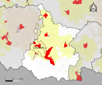 Localisation de l'aire d'attraction de Lourdes dans le département des Hautes-Pyrénées.