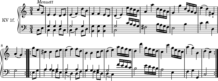 
\version "2.14.2"
\header {
  tagline = ##f
}

upper =   \relative c'' {
  \clef treble
  \key c \major
  \tempo 2. = 52
  \time 3/4
   \set Staff.midiInstrument = #"dulcimer"
  \partial 4
  \repeat volta 2 {
  c8^\markup \italic { Menuett } g | e4 e d8 e | e4 (f) d'8 b | f4 f e8 d| d4 (e) e'16 d c b| a4 a' d,16 c b a | g4 g' d16 b a g| e'4 (d) fis,-!| a4 (g)
  }
  \repeat volta 2 {
     g'8 e | cis4 cis d8 e | e4 (f) f8 d b4 b c8 d |  d4 (e) a16 g f e |  d4 d' g,16 f e d   | c4 c' g16 e d c   | a'4 (g) b,   | d (c)
  }
}

lower =  \relative c {
  \clef bass
  \key c \major
  \time 3/4
\set Staff.midiInstrument = #"harpsichord"
  \partial 4
  \repeat volta 2 {
  c8 e | <<  \relative {  g4 g g  } \\  \relative c' {  c, c d8 c } >> |  <<  \relative {  g2 g4  } \\  \relative c { c (d) b8 d } >> |
  << b4 g'>> << b, g'>> << b, g'>> | << \relative {  g2 c16 b a  g } \\  \relative c {  c2 s4 } >> |
   fis2 b16 a g fis | e2 b'4  | c d d, | g2
  }
  \repeat volta 2 {
    e8 g  | <<  \relative {  a4 a a  } \\  \relative c { a' g f8 e }  >> 
     | <<  \relative {  a2 a4  } \\  \relative c {  e4 (d) d8 f }  >>
      | <<  \relative {  g4 g g  } \\  \relative c' { g  f e8 d }  >>
       | <<  \relative {  g2 f'16 e d c  } \\  \relative c {  d4 (c) s4 }  >>
      | b2  e16 d c b | a2 e4 | f g g,| c2
  }
}

\score {
  \new PianoStaff <<
    \set PianoStaff.instrumentName = #"KV 1f."
    \new Staff = "upper" \upper
    \new Staff = "lower" \lower
  >>
  \layout {
    \context {
      \Score
      \remove "Metronome_mark_engraver"
    }
  }
  \midi { }
}
