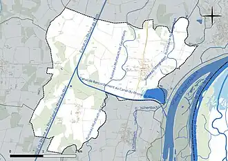Carte en couleur présentant le réseau hydrographique de la commune