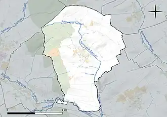 Carte en couleur présentant le réseau hydrographique de la commune