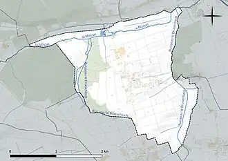 Carte en couleur présentant le réseau hydrographique de la commune
