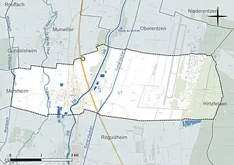 Carte en couleur présentant le réseau hydrographique de la commune