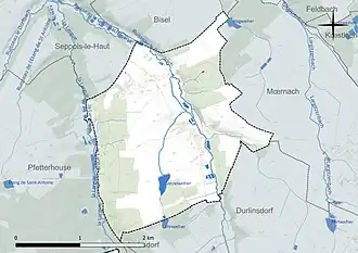 Carte en couleur présentant le réseau hydrographique de la commune