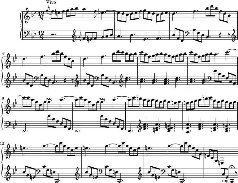 
\version "2.18.2"
\header {
  tagline = ##f
}

%% les petites notes
trillFp     = { \tag #'print { f4.-\parenthesize\prall } \tag #'midi { g32 f g f g f~ f16~ f8 } }


upper = \relative c'' {
  \clef treble 
  \key bes \major
  \time 12/8
  \tempo 4. = 112
  \set Staff.midiInstrument = #"harpsichord"

      s8*0^\markup{Vivo} %  \times 2/3 { }
      \appoggiatura g'16 f8 e f g a bes a4 f8 ees4.~ | ees8 d c d ees f g ees d c d ees |
      % ms. 3
      \repeat unfold 2 { d4. f | bes8 d bes f d bes } | d4. f bes8 d c bes a bes |
      % ms. 6
      c8 a f  g a bes  a g f  g a bes | c8 a f  g a bes  a4. c~ | c8 c a f c f \trillFp a4.~ |
      % ms. 9
      a8 c a f c f \trillFp a4.~ | a8 c b  a g a  g f g  f e f | e f g  a b c  g f g  f e f |
      % ms. 12
      \repeat unfold 2 { e4. g~ g8 c g  e c e } e4. g4.~  g8 c g  e c g 
      % ms. 15
      e8 c g s2.

}

lower = \relative c' {
  \clef bass
  \key bes \major
  \time 12/8
  \set Staff.midiInstrument = #"harpsichord"

    % **************************************
     \grace s16 r2.   \clef treble \appoggiatura g'16 f8 e f g a bes | a4. bes ees, f |
     % ms. 3
     \repeat unfold 2 { \clef treble bes8 f d   \clef bass bes8 f d  bes4. r4 r8 } | \clef treble bes''8 f d   \clef bass bes8 f d  bes4. \clef treble < bes'' d >4. |
     % ms. 6
     < a c >4. < g bes > < f a c > < bes d > | < a c >4. < g bes > \repeat unfold 2 { \clef bass f8 c a f c a | f2. } |
     % ms. 9 suite
     f''8 c a f c a | f4. \clef treble < f'' a c >4. < e g c > < d f g b > | < c g' c > < f a c >4. < e g c > < d f b > |
     % ms. 12
     \repeat unfold 3 { \clef treble c'8 g e  \clef bass c g e | c,2. }
     % ms. 15
      s4. \stemDown \change Staff = "upper" e'8 \stemUp \change Staff = "lower" c8-\markup{mg} g c,4\fermata r8 

}

thePianoStaff = \new PianoStaff <<
    \set PianoStaff.instrumentName = #"Clav."
    \new Staff = "upper" \upper
    \new Staff = "lower" \lower
  >>

\score {
  \keepWithTag #'print \thePianoStaff
  \layout {
      #(layout-set-staff-size 17)
    \context {
      \Score
     \override SpacingSpanner.common-shortest-duration = #(ly:make-moment 1/3)
      \remove "Metronome_mark_engraver"
    }
  }
}

\score {
  \keepWithTag #'midi \thePianoStaff
  \midi { }
}

