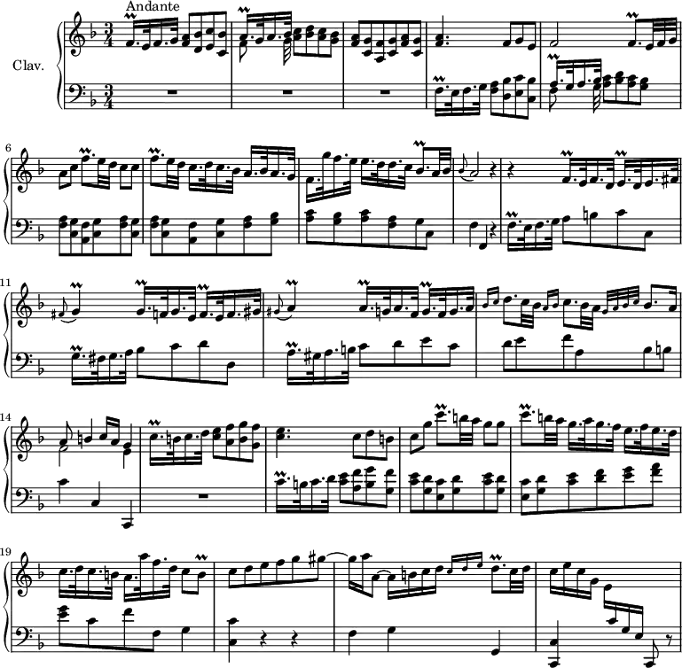 \version "2.18.2"
\header {
tagline = ##f
% composer = "Domenico Scarlatti"
% opus = "K. 256"
% meter = "Andante"
}
%% les petites notes
trillFqqpDown = { \tag #'print { f,16.\prall } \tag #'midi { f32 g f } }
trillAqqpUp = { \tag #'print { a'16.\prall } \tag #'midi { a32 bes a } }
trillAqqp = { \tag #'print { a16.\prall } \tag #'midi { a32 bes a } }
trillFqqpUp = { \tag #'print { f'16.\prall } \tag #'midi { f32 g f } }
trillFqqp = { \tag #'print { f16.\prall } \tag #'midi { f32 g f } }
trillEqqp = { \tag #'print { e16.\prall } \tag #'midi { e32 f e } }
trillG = { \tag #'print { g4\prall } \tag #'midi { a32 g a g~ g8 } }
trillGqqp = { \tag #'print { g16.\prall } \tag #'midi { g32 a g } }
trillGqqpUp = { \tag #'print { g'16.\prall } \tag #'midi { g32 a g } }
trillFqp = { \tag #'print { f8.\prall } \tag #'midi { g32 f g f~ f16 } }
trillBqp = { \tag #'print { bes8.\prall } \tag #'midi { c32 bes c bes~ bes16 } }
trillA = { \tag #'print { a4\prall } \tag #'midi { bes32 a bes a~ a8 } }
trillCqqpUp = { \tag #'print { c'16.\prall } \tag #'midi { c32 d c } }
trillCqqpUpUp = { \tag #'print { c''16.\prall } \tag #'midi { c32 d c } }
trillCqp = { \tag #'print { c8.\prall } \tag #'midi { d32 c d c~ c16 } }
trillBq = { \tag #'print { b8\prall } \tag #'midi { c32 b c b } }
trillDqp = { \tag #'print { d8.\prall } \tag #'midi { e32 d e d~ d16 } }
upper = \relative c'' {
\clef treble
\key f \major
\time 3/4
\tempo 4 = 82
s8*0^\markup{Andante}
\trillFqqpDown e32 f16. g32 < f a >8 < d bes' > < e c' > < c bes' > |
<< { \trillAqqpUp g32 a16. bes32 } \\ { f8 s16. g32 } >> < a c >8 < bes d > < a c > < g bes > |
< f a >8 < c g' > < a f' > < c g' > < f a > < c g' > | < f a >4. f8 g e |
% ms. 5
f2 \trillFqp \omit TupletNumber \times 2/3 { e32 f g } | a8 c \trillFqp e32 d c8 c |
\trillFqp e32 d c16. d32 c16. bes32 a16. bes32 a16. g32 | f16. g'32 f16. e32 e16. d32 d16. c32 \trillBqp a32 bes |
% ms. 9
\appoggiatura bes8 a2 r4 | r4 \trillFqqp e32 f16. d32 \trillEqqp d32 e16. fis32 |
\appoggiatura fis8 \trillG \trillGqqp f32 g16. e32 \trillFqqp e32 f16. gis32 |
\appoggiatura gis8 \trillA \trillAqqp g32 a16. f32 \trillGqqp f32 g16. a32 |
% ms. 13
\grace { bes16 c } d8. c32 bes \grace { a16 bes } c8. bes32 a \grace { \tempo 4 = 62 g32 a bes c } \tempo 4 = 82 bes8. a16 |
<< { a8 b4 c16 a g4 } \\ { f2 e4 } >>
\trillCqqpUp b32 c16. d32 < c e >8 < a f' > < b g' > < g f' > | < c e >4. c8 d b |
% ms. 17
c8 g' \trillCqp b32 a g8 g | \trillCqp b32 a g16. a32 g16. f32 e16. f32 e16. d32 |
c16. d32 c16. b32 a16. a'32 f16. d32 c8 \trillBq | c8 d e f g gis~ |
% ms. 21
gis16 a a,8~ a16 b c d \grace { \tempo 4 = 62 c16 d e } \tempo 4 = 82 \trillDqp c32 d | c16 e c g \stemDown e \stemUp \change Staff = "lower" c g e s4 |
}
lower = \relative c' {
\clef bass
\key f \major
\time 3/4
% ************************************** \appoggiatura a16 \repeat unfold 2 { } \times 2/3 { } \omit TupletNumber
R2.*3 | \trillFqqpDown e32 f16. g32 < f a >8 < d bes' > < e c' > < c bes' > |
% ms. 5
<< { \trillAqqpUp g32 a16. bes32 } \\ { f8 s16. g32 } >> < a c >8 < bes d > < a c > < g bes > |
< f a >8 < c g' > < a f' > < c g' > < f a > < c g' > |
< f a >8 < c g' > < a f' > < c g' > < f a > < g bes > | < a c > < g bes > < a c > < f a > g c, |
% ms. 9
f4 f, r4 | \trillFqqpUp e32 f16. g32 a8 b c c, | \trillGqqpUp fis32 g16. a32 bes8 c d d, |
\trillAqqpUp gis32 a16. b32 c8 d e c |
% ms. 13
d8 e f a, bes b | c4 c, c, | R2. | \trillCqqpUpUp b32 c16. d32 < c e >8 < a f' > < b g' > < g f' > |
% ms. 17
< c e >8 < g d' > < e c' > < g d' > < c e > < g d' > | < e c' > < g d' > < c e > < d f > < e g > < f a > |
< e g > c f f, g4 | < c, c' > r4 r4 |
% ms. 21
f4 g g, | < c, c' > s4 c8 r8 |
}
thePianoStaff = \new PianoStaff <<
\set PianoStaff.instrumentName = #"Clav."
\new Staff = "upper" \upper
\new Staff = "lower" \lower
>>
\score {
\keepWithTag #'print \thePianoStaff
\layout {
#(layout-set-staff-size 17)
\context {
\Score
\override TupletBracket.bracket-visibility = ##f
\override SpacingSpanner.common-shortest-duration = #(ly:make-moment 1/2)
\remove "Metronome_mark_engraver"
}
}
}
\score {
\keepWithTag #'midi \thePianoStaff
\midi { \set Staff.midiInstrument = #"harpsichord" }
}