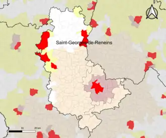 Localisation de l'aire d'attraction de Saint-Georges-de-Reneins dans la circonscription départementale du Rhône.