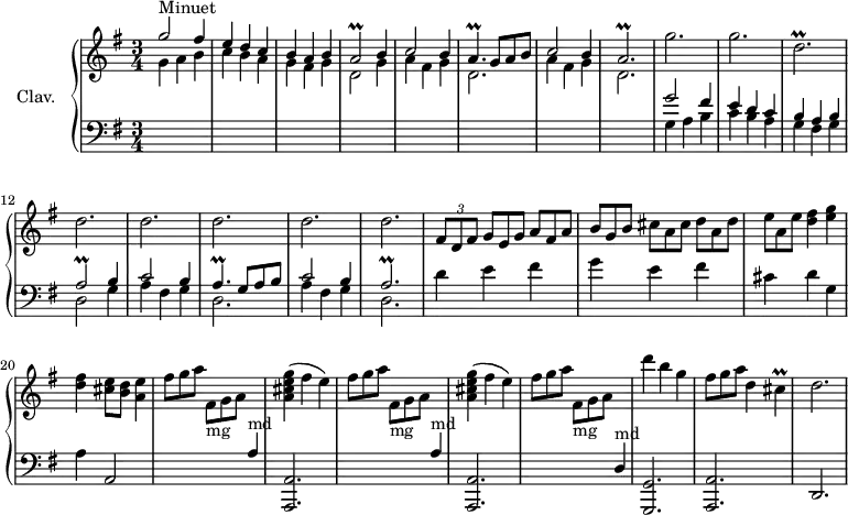 
\version "2.18.2"
\header {
  tagline = ##f
  % composer = "Domenico Scarlatti"
  % opus = "K. 471"
  % meter = "Minuet"
}

%% les petites notes
trillCis      = { \tag #'print { cis4\prall } \tag #'midi { d16 cis d cis } }
trillAb       = { \tag #'print { a2\prall } \tag #'midi { b16 a b a~ a4 } }
trillAbp      = { \tag #'print { a2.\prall } \tag #'midi { b16 a b a~ a2 } }
trillDbp      = { \tag #'print { d2.\prall } \tag #'midi { e16 d e d~ d2 } }
trillAp       = { \tag #'print { a4.\prall } \tag #'midi { b16 a b a~ a8 } }

upper = \relative c'' {
  \clef treble 
  \key g \major
  \time 3/4
  \tempo 4 = 166 % tempo Ross
  \set Staff.midiInstrument = #"harpsichord"
  \override TupletBracket.bracket-visibility = ##f

      s8*0^\markup{Minuet} \stemUp
      g'2 fis4 | e d c | b a b | \trillAb b4 | c2 b4 | \trillAp g8 a b |
      % ms. 7
      c2 b4 | \trillAbp \stemNeutral | g'2.  g  \trillDbp | \repeat unfold 5 { d2. }
      % ms. 17
      \times 2/3 { fis,8 d fis } \omit TupletNumber \times 2/3 { g8[ e g] a fis a | b g b  cis a cis d a d } | 
      % ms. 19
      \times 2/3 { e a, e' } < d fis >4 < e g > | < d fis > < cis e >8 < b d > < a e' >4 |
      \repeat unfold 2 { \times 2/3 { fis'8 g a } s4 \stemUp  \change Staff = "lower" a,,4^\markup{md} \stemNeutral   \change Staff = "upper" |
      % ms. 24
      < a' cis e g >4( fis' e) } | \times 2/3 { fis8 g a } s4 \stemUp  \change Staff = "lower" d,,,4^\markup{md} \stemNeutral   \change Staff = "upper" | d'''4 b g | \times 2/3 { fis8 g a } d,4 \trillCis | d2. |
      % ms. 30
      
      % ms. 35
      
      % ms. 40
      

}

lower = \relative c' {
  \clef bass
  \key g \major
  \time 3/4
  \set Staff.midiInstrument = #"harpsichord"
  \override TupletBracket.bracket-visibility = ##f

    % ************************************** \appoggiatura a16  \repeat unfold 2 {  } \times 2/3 { }   \omit TupletNumber 
      \stemDown \change Staff = "upper"  g'4 a b | c b a | g fis g | d2 g4 | a fis g | d2. |
      % ms. 7
      a'4 fis g | d2. \stemNeutral \change Staff = "lower"  |  
      << { g2 fis4 | e d c | b a b | \trillAb b4 | c2 b4 | \trillAp g8 a b | c2 b4 | \trillAbp } 
      \\ { g4 a b | c b a | g fis g | d2 g4 | a fis g | d2. | a'4 fis g | d2. } >>
      % ms. 17
      d'4 e fis | g e fis |
      % ms. 19
      cis4  d g, | a a,2 | \repeat unfold 2 { s4 \stemDown \change Staff = "upper" \omit TupletNumber  \times 2/3 { fis''8-\markup{mg} g a } \stemNeutral \change Staff = "lower" s4 < a,,, a' >2. } s4 \stemDown \change Staff = "upper" \times 2/3 { fis'''8-\markup{mg} g a } \stemNeutral \change Staff = "lower" s4
      % ms. 24
      < g,,, g' >2. < a a' > d
      % ms. 30
      
      % ms. 35
      
      % ms. 40
      

}

thePianoStaff = \new PianoStaff <<
    \set PianoStaff.instrumentName = #"Clav."
    \new Staff = "upper" \upper
    \new Staff = "lower" \lower
  >>

\score {
  \keepWithTag #'print \thePianoStaff
  \layout {
      #(layout-set-staff-size 17)
    \context {
      \Score
     \override SpacingSpanner.common-shortest-duration = #(ly:make-moment 1/2)
      \remove "Metronome_mark_engraver"
    }
  }
}

\score {
  \keepWithTag #'midi \thePianoStaff
  \midi { }
}
