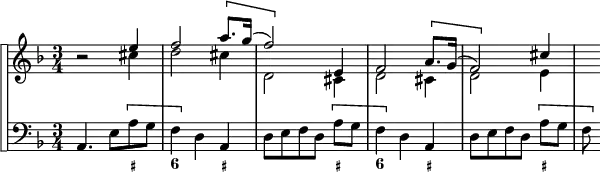 
\version "2.18.2"
\header {
  tagline = ##f
}

\score {

 \new StaffGroup <<
\set StaffGroup.systemStartDelimiter = #'SystemStartSquare
    \new Staff {
      \relative c'' {
      \key f \major
      \time 3/4
      \tempo 4 = 72
      % \autoBeamOff
      \clef treble
      \set Score.currentBarNumber = #22
      \override Rest #'style = #'classical
      \set Staff.midiInstrument = #"violin"

   % Violon - Ms. page  / pdf DTO p. 62
   r2  << { e4 } \\ { cis4 } >>
  << { f2 } \\ { d2 } >>
  << { \[ a'8. g16( } \\ { cis,4 } >>
  << { f2) \] e,4 } \\ { d2 cis4 } >>
  << { f2 \[ a8. g16( } \\ { d2 cis4 } >>
  << { f2) \] cis'4 } \\ { d,2 e4 } >> % à vérifier
  s8

    }
}

    % Continuo
    \new Staff {
  <<
      \key f \major
      \set Staff.midiInstrument = #"harpsichord"

    \new Voice { \clef bass a,4. e8 \[a8 g f4 \] d4 a, d8[ e f d] \[ a g f4 \] d a, d8[ e f d] \[ a g f \] }  
    \new FiguredBass {
      \figuremode {
      s2 < _+ >4 < 6 >4  s4 < _+ >4
      s2 < _+ >4 < 6 >4 s4 < _+ >4 s2 < _+ >4
      }
    }
  >>
    }
 >>
  \layout {
    \context {
      \Score
      \remove "Metronome_mark_engraver"
    }
  }
  \midi {}
}
