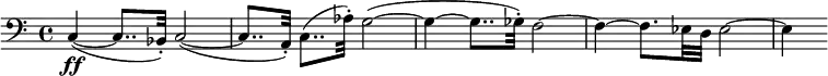 \version "2.14.2"
\relative c {
\clef bass
\time 4/4
\set Score.tempoHideNote = ##t
\tempo 8 = 100
c4\ff( ~ c8.. bes32-.) c2( ~
c8.. a32-.) c8..( aes'32-.) g2( ~
g4 ~ g8.. ges32-.) f2 ~
f4 ~ f8. ees32 d ees2 ~
ees4
}
