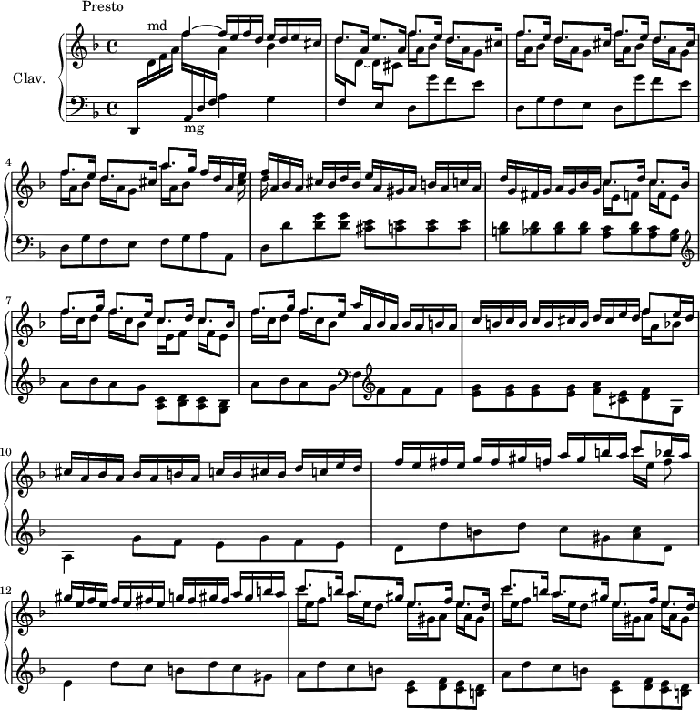 
\version "2.18.2"
\header {
  tagline = ##f
}

  \header {
    piece = "                  Presto"
  }

%% les petites notes
trillF    = { \tag #'print { f'4.\trill~ } \tag #'midi {  \times 2/3 { g16 f g f g f~ } f8~ } }

upper = \relative c'' {
  \clef treble 
  \key d \minor
  \time 4/4
  \tempo 4 = 82
  \set Staff.midiInstrument = #"harpsichord"

    \stemUp \change Staff = "lower" d,,,16 \stemDown \change Staff = "upper" d''16^\markup{md} f a  << { f'4~ f16 e f d  e d e cis } \\ { f16 \stemUp \change Staff = "lower" a,,,16-\markup{mg} d f \stemDown \change Staff = "upper"  a'4 bes } >> | \mergeDifferentlyDottedOn \stemUp d8. a16 e'8. a,16
     % ms. 2 & 3
     << { \repeat unfold 4 { f'8. e16 d8. cis16 } a'8. g16 f d a e' | f a, bes a } \\ { \repeat unfold 4 { f'16 a, bes8  d16 a g8 } a'16 a, bes8 s8. cis16 | d } >> cis16 bes d bes e a, gis a b a c a |
     % ms. 6
     d16 g, fis g a g bes g << { c8. d16  c8. bes16  | f'8. g16 f8. e16 c8. d16  c8. bes16 | f'8. g16 f8. e16 a16 a, bes a bes a b a  } \\ { c16 e, f8 c'16 f, e8 | f'16 c d8 f16 c bes8 c16 e, f8 c'16 f, e8 | f'16 c d8 f16 c bes8 } >>
     % ms. 9
     c16 b c b c b cis b d cis e d << { f8 e16 d } \\ { f16 a, bes8 } >> | cis16 a bes a  bes a b a  c b cis b  d c e d | f e fis e g fis gis f a gis b a << { c8 bes16 a } \\ { c16[ e,] f8 } >>
     % ms. 12
     gis16 e f e  f e fis e  g fis gis fis  a gis b a | \repeat unfold 2 { << { c8. b16 a8. gis16  e8. f16 e8. d16  } \\ { c'16 e, f8 a16 e d8  e16 gis, a8 e'16 a, gis8 } >> } |
     % ms. 15
     
}

lower = \relative c' {
  \clef bass
  \key d \minor
  \time 4/4
  \set Staff.midiInstrument = #"harpsichord"

    % *****************************
      s2 a4 g | \stemDown \change Staff = "upper" d''16 \stemUp \change Staff = "lower" f,, \stemDown \change Staff = "upper" d'8_~ d16  \stemUp \change Staff = "lower" e, \stemDown \change Staff = "upper" cis'8 \change Staff = "lower" \repeat unfold 2 { d,8 g' f e |
      % ms. 3
      d,8 g f e } f g a a, | d d' < d g >8 q < cis e > < c e > q q |   
      % ms. 6
      < b d >8 < bes d > q q < a c > < bes d > < a c > < g bes > | \clef treble a'8 bes a g < a, c > < bes d > < a c > < g bes > a'8 bes a g   \clef bass f,  \clef treble f' f f |
      % ms. 9
      < e g >8 q q q < f a > < cis e > < d f > g, | a4 \repeat unfold 2 { g'8 f e } | d8 d' b d c gis < a c > d, |
      % ms. 12
      e4 d'8 c b d c gis  | \repeat unfold 2 { a d c b < c, e >8 < d f > < c e > < b d > } |

}

thePianoStaff = \new PianoStaff <<
    \set PianoStaff.instrumentName = #"Clav."
    \new Staff = "upper" \upper
    \new Staff = "lower" \lower
  >>

\score {
  \keepWithTag #'print \thePianoStaff
  \layout {
      #(layout-set-staff-size 17)
    \context {
      \Score
     \override SpacingSpanner.common-shortest-duration = #(ly:make-moment 1/2)
      \remove "Metronome_mark_engraver"
    }
  }
}

\score {
  \keepWithTag #'midi \thePianoStaff
  \midi { }
}
