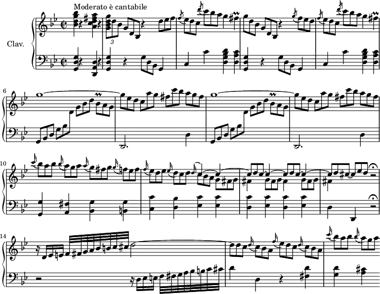 
\version "2.18.2"
\header {
  tagline = ##f
  % composer = "Domenico Scarlatti"
  % opus = "K. 347"
  % meter = "Moderato è cantabile"
}

%% les petites notes
trillBesq     = { \tag #'print { bes8\prall } \tag #'midi { c32 bes c bes } }
trillFis      = { \tag #'print { fis4\prall } \tag #'midi { g32 fis g fis~ fis8 } }

upper = \relative c'' {
  \clef treble 
  \key g \minor
  \time 2/2
  \tempo 2 = 58
  \set Staff.midiInstrument = #"harpsichord"
  \override TupletBracket.bracket-visibility = ##f

      s8*0^\markup{Moderato è cantabile}
      < bes d g bes >4 r4 < a c d fis a >4 r4 | \times 2/3 { < g bes d g >8 d' bes } \omit TupletNumber \times 2/3 { g8[ d bes] } r4 \times 2/3 { d'8 ees f } |
      \times 2/3 { \acciaccatura f8 ees8[ d c] } \times 2/3 { \acciaccatura d'8 c8 bes a } g4 \trillFis  |
      \times 2/3 { g8 d bes } \times 2/3 { g8[ d bes] } r4 \times 2/3 { \acciaccatura g''8 f8[ ees d] }
      % ms. 5
      \times 2/3 { \acciaccatura f16 ees8[ d c] } \times 2/3 { \acciaccatura d'16 c8 bes a } g4 \trillFis  | \repeat unfold 2 { g1~ |
      \times 2/3 { g8 ees d } \times 2/3 { c8[ a' g] }  \times 2/3 { fis8 c' bes } \times 2/3 { a8[ g fis] } } |
      % ms. 10
      \times 2/3 { \appoggiatura c'16 bes8[ a bes] } \times 2/3 { \appoggiatura bes16 a8[ g a] }  \times 2/3 { \appoggiatura a16 g8[ fis g] }  \times 2/3 { \appoggiatura g16 f8[ ees f] } | 
      \times 2/3 { \appoggiatura f16 ees8[ d ees] }  \times 2/3 { \appoggiatura ees16 d8[ c d] } 

      << { \omit TupletNumber  \appoggiatura d16 \stemUp c4~ c~ | \repeat unfold 2 { \times 2/3 { c8[ d c~] } c4~ } \tempo 2 = 50 \times 2/3 { c8[ d cis_~] } \tempo 2 = 45 \times 2/3 { cis8[ ees \tempo 2 = 40 d] } } 
      \\ { \omit TupletNumber  \times 2/3 { c8[ bes a] }  \repeat unfold 3 { \times 2/3 { g8[ fis g] } fis4 } } >>
      r2\fermata   \tempo 2 = 58
      % ms. 14
      r16 d16 ees e f32 fis g a bes b c cis d2~ | \times 2/3 { d8 d c } \times 2/3 { \appoggiatura d16 c8[ bes a] } \times 2/3 { \appoggiatura f'16 ees8[ d c] } \times 2/3 { \appoggiatura d16 c8[ bes a] }
      % ms. 16
      \times 2/3 { \appoggiatura c'16 bes8[ a bes] } \times 2/3 { \appoggiatura bes16 a8[ g a] }
      % ms. 19
      
      % ms. 21
      
      % ms. 24
      

}

lower = \relative c' {
  \clef bass
  \key g \minor
  \time 2/2
  \set Staff.midiInstrument = #"harpsichord"
  \override TupletBracket.bracket-visibility = ##f

    % ************************************** \appoggiatura a16  \repeat unfold 2 {  } \times 2/3 { }   \omit TupletNumber 
      < g, d' g >4 r4 < d a' d >4 r4 | \repeat unfold 2 { < g d' g >4 r4  \omit TupletNumber  \times 2/3 { g'8 d bes } g4 | c c' < d, g bes d > < d a' c > } |
      % ms. 6
      \repeat unfold 2 { \times 2/3 { g,8[ bes d] } \times 2/3 { g8 bes \stemDown \change Staff = "upper" d }    \times 2/3 { g8[ bes d] } \times 2/3 { \trillBesq a g }   \stemNeutral \change Staff = "lower"  d,,2. d'4 } | < g, g' >4 < a fis' > < bes g' > < b g' >
      % ms. 10
      < c c' >4 < d bes' > < ees c' > q | \repeat unfold 2 { < d c' >4 < ees c' > } | d4 d,  r2\fermata
      % ms. 14
      r2 r16 d'16 ees e f32 fis g a bes b c cis | d4 d, r4 < fis d' >4 |
      % ms. 16
      < g d' >4 < a cis>
      % ms. 19
      
      % ms. 21
      
      % ms. 24
      

}

thePianoStaff = \new PianoStaff <<
    \set PianoStaff.instrumentName = #"Clav."
    \new Staff = "upper" \upper
    \new Staff = "lower" \lower
  >>

\score {
  \keepWithTag #'print \thePianoStaff
  \layout {
      #(layout-set-staff-size 17)
    \context {
      \Score
     \override SpacingSpanner.common-shortest-duration = #(ly:make-moment 1/2)
      \remove "Metronome_mark_engraver"
    }
  }
}

\score {
  \keepWithTag #'midi \thePianoStaff
  \midi { }
}
