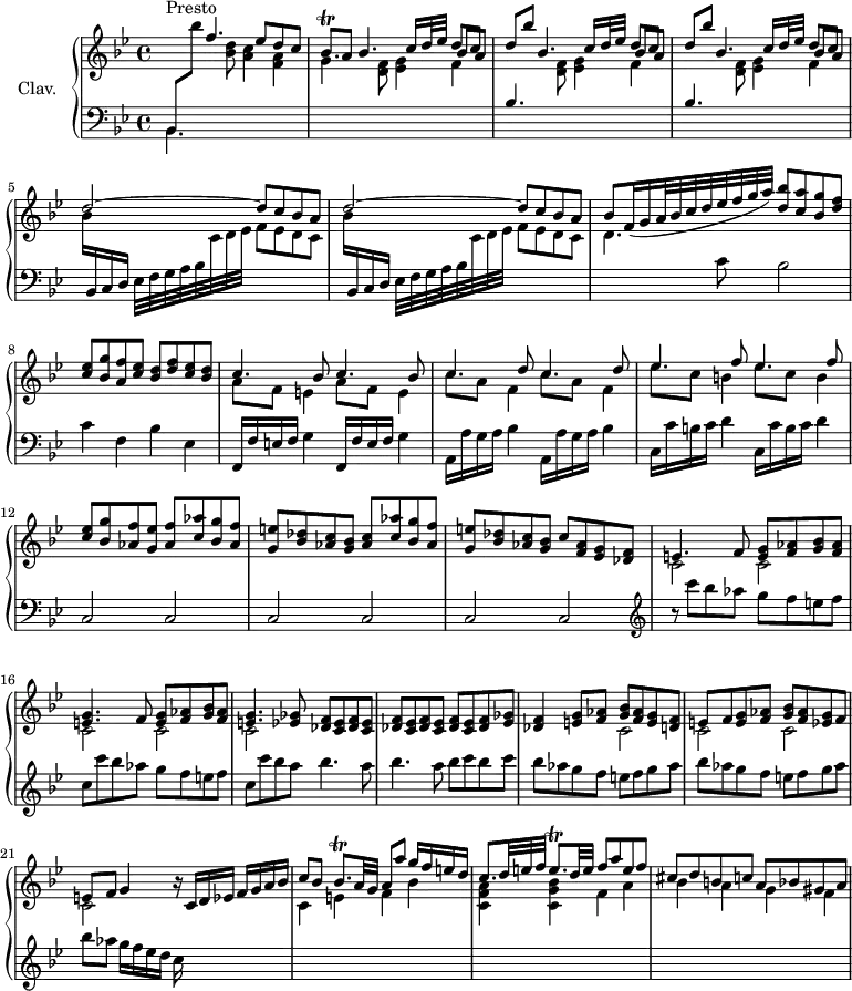 
\version "2.18.2"
\header {
  tagline = ##f
  % composer = "Domenico Scarlatti"
  % opus = "K. 47"
  % meter = "Presto"
}

%% les petites notes
trillBesq     = { \tag #'print { bes8\trill } \tag #'midi { c32 bes c bes } }
trillBesqp    = { \tag #'print { bes8.\trill } \tag #'midi { c32 bes c bes~ bes16 } }
trillEqp      = { \tag #'print { e8.\trill } \tag #'midi { f32 e f e~ e16 } }

upper = \relative c'' {
  \clef treble 
  \key bes \major
  \time 4/4
  \tempo 4 = 120
  \set Staff.midiInstrument = #"harpsichord"
  \override TupletBracket.bracket-visibility = ##f

      s8*0^\markup{Presto}
      s4 \stemUp f4. ees8 d c | \trillBesq a8 \repeat unfold 2 { bes4. c16 d32 ees d8[ c] | d bes' } | 
      % ms. 4 suite…
      bes,4. c16 d32 ees d8[ c] | \repeat unfold 2 { d2^~ d8 c bes a } | 
      % ms. 7
      bes8[ f16( g a32 bes c d ees f g a]) < d, bes' >8 < c a' > < bes g' > < d f > | < c ees > < bes g' > < a f' > < c ees > < bes d > < d f > < c ees > < bes d > | \mergeDifferentlyDottedOn \repeat unfold 2 { << { c4. bes8 } \\ { a8 f e4 } >> }
      % ms. 10
      \repeat unfold 2 { << { c'4. d8 } \\ { c8 a f4 } >> } \repeat unfold 2 { << { ees'4. f8 } \\ { ees8 c b4 } >> } | < c ees >8 < bes g' > < aes f' > < g ees' > < aes f' > < c aes' > < bes g' > < aes f' >
      % ms. 13
      < g e' >8 < bes des > < aes c > < g bes > < aes c > < c aes' > < bes g' > < aes f' > | < g e' > < bes des > < aes c > < g bes > c < f, aes > < ees g > < des f > | 
      % ms. 15
      << { e4. f8 < e g > < f aes > < g bes > < f aes > | < e g >4. f8 < e g > < f aes > < g bes > < f aes > | < e g >4. < ees ges >8  \repeat unfold 2 { < des f > < c ees > < des f > < c ees > } | < des f >8 < c ees > < des f > < ees ges > }
      \\ { \repeat unfold 5 { c2 } } >>
      % ms. 19
      << { < des f >4 < e g >8 < f aes > < g bes > < f aes > < e g > < d f > | e f < e g > < f aes > < g bes > < f aes > < ees g > f | e f g4 } 
      \\ { s2 \repeat unfold 4 { c,2 } } >> r16 c16 d ees f g a bes |
      % ms. 22
      c8 bes \trillBesqp a32 g a8 a' g16 f e d | c8. \omit TupletNumber \times 2/3 { d32 e f } \trillEqp d32 e f8 a e f | cis d b c a bes gis a | 

}

lower = \relative c' {
  \clef bass
  \key bes \major
  \time 4/4
  \set Staff.midiInstrument = #"harpsichord"
  \override TupletBracket.bracket-visibility = ##f

    % ************************************** \appoggiatura a16  \repeat unfold 2 {  } \times 2/3 { }   \omit TupletNumber 
      << { bes,8[ \stemDown \change Staff = "upper"  bes'''] } \\ { \mergeDifferentlyDottedOn bes,,,4. } >> \stemDown \change Staff = "upper"  < bes'' d >8 < a c >4 < f a > |
      g4. \repeat unfold 2 { < d f >8 < ees g >4 << { \shiftOn bes'8 a } \\ { f4 } >>  \stemUp  \change Staff = "lower" bes,4. \stemDown \change Staff = "upper" }
      % ms. 4
      < d f >8 < ees g >4 << { \shiftOn bes'8 a } \\ { f4 } >> \repeat unfold 2 { bes16  \stemUp  \change Staff = "lower" bes,, c d \stemDown ees32 f g a bes  \change Staff = "upper"  c d ees f8 ees d c \stemDown } 
      % ms. 7
      d4. \stemNeutral \change Staff = "lower" c8 bes2 | c4 f, bes ees, | \repeat unfold 2 { f,16 f' e f g4 } 
      % ms. 10
      \repeat unfold 2 { a,16 a' g a bes4 } | \repeat unfold 2 { c,16 c' b c d4 } |
      % ms. 12
      \repeat unfold 6 { c,2 } |   \clef treble 
      % ms. 15
      r8 \repeat unfold 2 { c'''8 bes aes g f e f | c } c' bes a \repeat unfold 2 { bes4. a8 } bes8 c bes c 
      % ms. 19
      \repeat unfold 2 { bes aes g f e f g aes } | bes[ aes] g16 f ees d c s16 s8 s4 | \stemDown \change Staff = "upper"
      % ms. 22
      c,4 e f bes | < c, f a > < c g' bes > f a | bes a g f |

}

thePianoStaff = \new PianoStaff <<
    \set PianoStaff.instrumentName = #"Clav."
    \new Staff = "upper" \upper
    \new Staff = "lower" \lower
  >>

\score {
  \keepWithTag #'print \thePianoStaff
  \layout {
      #(layout-set-staff-size 17)
    \context {
      \Score
     \override SpacingSpanner.common-shortest-duration = #(ly:make-moment 1/2)
      \remove "Metronome_mark_engraver"
    }
  }
}

\score {
  \keepWithTag #'midi \thePianoStaff
  \midi { }
}
