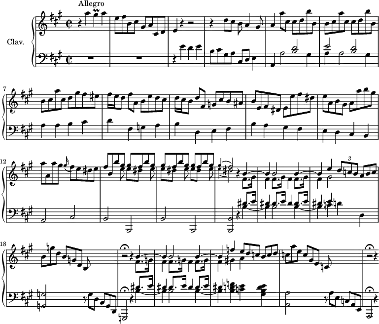 
\version "2.18.2"
\header {
  tagline = ##f
}

%% les petites notes
trillGis     = { \tag #'print { gis4\prall } \tag #'midi { a32 gis a gis~ gis8~ } }

upper = \relative c'' {
  \clef treble 
  \key a \major
  \time 2/2
  \tempo 2 = 68
  \set Staff.midiInstrument = #"harpsichord"
  \override TupletBracket.bracket-visibility = ##f

      s8*0^\markup{Allegro}
      r4 a'4 \trillGis a4 | e8 fis b, cis gis a cis, d | e4 r4 r2 | r4 d'8 cis b a4 gis8 |
      % ms. 5
      a4 \repeat unfold 2 { a'8 cis, cis d b' b, | b cis } a'8 cis, d gis fis eis | fis16[ e d8] fis8 a, b e d cis |
      % ms. 9
      d16[ cis b8] d fis, g cis b ais | b e, fis dis e e' fis dis | e a, b gis a a' b gis | a a, a' gis \appoggiatura gis16 fis8 e dis e |
      % ms. 13
      << { fis8 b, b' \repeat unfold 3 { gis8 gis fis b } gis8 | \appoggiatura gis4 fis2 } 
      \\ { s4.  \repeat unfold 3 { e8 e[ dis] s8 } e8 | \appoggiatura e4 dis2 } >> |
      r4 << { b4~ | b4 b2 b4~ | b4   e4 \times 2/3 { d8 c b } \omit TupletNumber \times 2/3 { a8[ b c] } } \\ { \repeat unfold 3 { fis,8. gis16 fis4 } gis2 } >> \omit TupletNumber
      % ms. 18
      \times 2/3 { b8 g' d } \times 2/3 { b8[ g d] } \times 2/3 { b8 s4 } s4 | r2\fermata r4 
      % ms. 19 fin
      << { b'4~ | b4 b2 b4~ | b4  \omit TupletNumber f'4 \times 2/3 { e8 d c } \times 2/3 { b8[ c d] } } \\ { \repeat unfold 3 { fis,8. g16 fis4 } gis!4 a } >>
      % ms. 22
      \times 2/3 { c8 a' e } \times 2/3 { c8[ gis e] } \times 2/3 { c8 s4 } s4 | r2\fermata r4 

}

lower = \relative c' {
  \clef bass
  \key a \major
  \time 2/2
  \set Staff.midiInstrument = #"harpsichord"
  \override TupletBracket.bracket-visibility = ##f

    % **************************************
      R1*2 | r4 e4 d e | b8 cis gis a cis, d e4 | 
      % ms. 5
      a,4 << { s4 < b' d >2 | e2 < b d > } \\ { a2 gis4 | a a2 gis4 } >> | a4 a b cis | d fis, g a |
      % ms. 9
      b4 d, e fis | b a gis fis | e d cis b | a2 cis |
      % ms. 13
      b2 b, | b' b, | < b b' >2 r4 
      % ms. 15 fin
      << { \repeat unfold 3 { dis''8. e16 dis4 } e4 } \\ { b4~ | b4 b2 b4~ | b4 c d d, } >>
      % ms. 18
      < g, g' >2 \omit TupletNumber \times 2/3 { r8 g'8 d } \times 2/3 { b8[ g d] } g,2\fermata r4
      % ms. 19 fin 
      << { \repeat unfold 3 { dis'''8. e16 dis4 } } \\ { b4~ | b4 b2 b4~ | b4 < b d f >4 < c e > < gis b d e > } >>
      % ms. 22
      < a, a' >2 \omit TupletNumber \times 2/3 { r8 a'8 e } \times 2/3 { c8[ a e] } a,2\fermata r4

}

thePianoStaff = \new PianoStaff <<
    \set PianoStaff.instrumentName = #"Clav."
    \new Staff = "upper" \upper
    \new Staff = "lower" \lower
  >>

\score {
  \keepWithTag #'print \thePianoStaff
  \layout {
      #(layout-set-staff-size 17)
    \context {
      \Score
     \override SpacingSpanner.common-shortest-duration = #(ly:make-moment 1/2)
      \remove "Metronome_mark_engraver"
    }
  }
}

\score {
  \keepWithTag #'midi \thePianoStaff
  \midi { }
}
