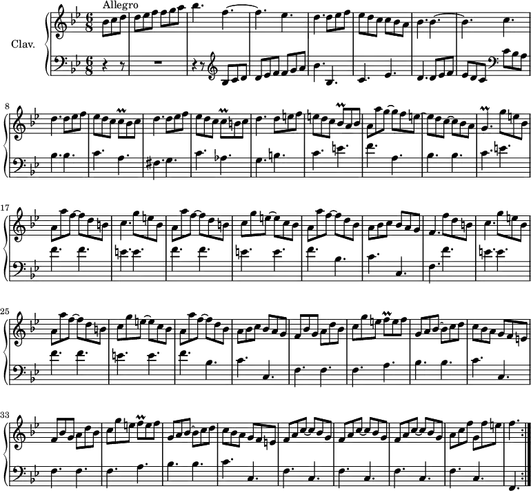 \version "2.18.2"
\header {
tagline = ##f
% composer = "Domenico Scarlatti"
% opus = "K. 334"
% meter = "Allegro"
}
%% les petites notes
trillCq = { \tag #'print { c8\prall } \tag #'midi { d32 c d c } }
trillBesq = { \tag #'print { bes8\prall } \tag #'midi { c32 bes c bes } }
trillGp = { \tag #'print { g4.\prall } \tag #'midi { a32 g a g~ g4 } }
trillFq = { \tag #'print { f8\prall } \tag #'midi { g32 f g f } }
upper = \relative c'' {
\clef treble
\key bes \major
\time 6/8
\tempo 4. = 102
\repeat volta 2 {
s8*0^\markup{Allegro}
\partial 4.
bes8 c d | d ees f f g a | bes4. f~ | f ees | d d8 ees f |
% ms. 5
ees d c c bes a | bes4. bes~ | bes c | d d8 ees f | ees d c \trillCq bes c |
% ms. 10
d4. d8 ees f | ees d c \trillCq b8 c | d4. d8 e f | e d c \trillBesq a8 bes | a a' g~ g f e~ |
% ms. 15
e8 d c~ c bes a | \trillGp g'8 e bes | a a' f~ f d b | c4. g'8 e bes | a a' f~ f d b |
% ms. 20
c g' e~ e c bes | a a' f~ f d bes | a bes c bes a g | f4. f'8 d b | c4. g'8 e bes |
% ms. 25
a8 a' f~ f d b | c g' e~ e c bes | a a' f~ f d bes | a bes c bes a g | f bes g a d bes |
% ms. 30
c8 g' e \trillFq e8 f | g, a bes~ bes c d | c bes a g f e | f bes g a d bes | c g' e \trillFq e8 f |
% ms. 35
g,8 a bes~ bes c d | c bes a g f e | \repeat unfold 3 { f a c~ c bes g } |
% ms. 40
a8 c f g, f' e | \tempo 4. = 56 f4. \tempo 4. = 102 }%repet
}
lower = \relative c' {
\clef bass
\key bes \major
\time 6/8
\repeat volta 2 {
% ************************************** \appoggiatura a16 \repeat unfold 2 { } \times 2/3 { } \omit TupletNumber
r4 r8 | R2. | r4 r8 \clef treble bes8 c d | d ees f f g a | bes4. bes, |
% ms. 5
c4. ees | d d8 ees f | ees d c \clef bass c bes a | bes4. bes | c a |
% ms. 10
fis4. g | c aes | g b | c e | f a, |
% ms. 15
bes4. bes | c e | \repeat unfold 2 { f f |
% ms. 20
e e } | f bes, | c c, | f f' | e e |
% ms. 25
f4. f | e e | f bes, | c c, | \repeat unfold 2 { f f |
% ms. 30
f4. a | bes bes |
% ms. 36
c c, } | \repeat unfold 4 { f c } | f,4. }%repet
}
thePianoStaff = \new PianoStaff <<
\set PianoStaff.instrumentName = #"Clav."
\new Staff = "upper" \upper
\new Staff = "lower" \lower
>>
\score {
\keepWithTag #'print \thePianoStaff
\layout {
#(layout-set-staff-size 17)
\context {
\Score
\override TupletBracket.bracket-visibility = ##f
\override SpacingSpanner.common-shortest-duration = #(ly:make-moment 1/2)
\remove "Metronome_mark_engraver"
}
}
}
\score {
\unfoldRepeats
\keepWithTag #'midi \thePianoStaff
\midi { \set Staff.midiInstrument = #"harpsichord" }
}