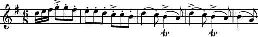 
\version "2.18.2"
\header {
  tagline = ##f
}

\score {
  \new Staff \with {

  }

% Trillbq = { \tag #'print b4->_\trill( \tag #'midi { b16 a b a } }

<<
  \relative c'' {
    \key g \major
    \time 6/8
    \override TupletBracket #'bracket-visibility = ##f 

     %%% Piatti, Bergamasca
     \partial 16*9 d16 e fis g8-.-> g-. fis-. e-. e-. d-. c-.-> c-. b-. | d4( c8) b4->_\trill( a8) 
     d4->( c8) b4->_\trill( a8) b4( g8)

  }
>>
  \layout {
     \context { \Score
     \remove "Metronome_mark_engraver" }
  }
  \midi { \tempo 4. = 100 }
}
