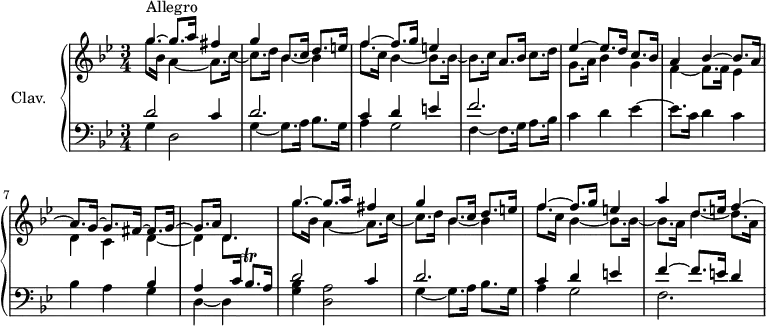 \version "2.18.2"
\header {
tagline = ##f
% composer = "Domenico Scarlatti"
% opus = "K. 8"
% meter = "Allegro"
}
%% les petites notes
trillBesqp = { \tag #'print { bes8.\trill } \tag #'midi { c32 bes c bes~ bes16 } }
upper = \relative c'' {
\clef treble
\key g \minor
\time 3/4
\tempo 4 = 80
\set Staff.midiInstrument = #"harpsichord"
\override TupletBracket.bracket-visibility = ##f
s8*0^\markup{Allegro}
<< { \mergeDifferentlyDottedOn g'4~ g8. a16 fis4 | g4 bes,8. c16 d8. e16 | f4~ f8. g16 e4 }
\\ { g8. bes,16 a4~ a8. c16~ | c8. d16 bes4~ bes | f'8. c16 bes4~ bes8. bes16~ | bes8. c16 } >> a8. bes16 c8. d16 |
% ms. 5
<< { ees4~ ees8. d16 c8. bes16 | a4 bes4~ bes8. a16~ | a8. g16~ g8. fis16~ fis8. g16~ | g8. a16 d,4 }
\\ { g8. a16 bes4 g | f4~ f8. f16 ees4 | d c d4~ | d d8. \stemUp \change Staff = "lower" c16 } >> s4 \change Staff = "upper" |
% ms. 9
<< { g''4~ g8. a16 fis4 | g4 bes,8. c16 d8. e16 | f4~ f8. g16 e4 | a d,8. e16 f4~ \hideNotes f16*0 }
\\ { g8. bes,16 a4~ a8. c16~ | c8. d16 bes4~ bes | f'8. c16 bes4~ bes8. bes16~ | bes8. a16 d4~ d8. a16 } >>
% ms. 16
% ms. 21
}
lower = \relative c' {
\clef bass
\key g \minor
\time 3/4
\set Staff.midiInstrument = #"harpsichord"
\override TupletBracket.bracket-visibility = ##f
% ************************************** \appoggiatura a8 \repeat unfold 2 { } \times 2/3 { } \omit TupletNumber
<< { d2 c4 | d2. | c4 d e | f2. }
\\ { g,4 d2 | g4~ g8. a16 bes8. g16 | a4 g2 | f4~ f8. g16 a8. bes16 } >>
% ms. 5
c4 d ees4~ | ees8. c16 d4 c | bes a << { bes4 | a s4 \trillBesqp a16 } \\ { g4 | d~ d } >>
% ms. 9
<< { d'2 c4 | d2. | c4 d e | f4~ f8. e16 d4 }
\\ { < g, bes >4 < d a' >2 | g4~ g8. a16 bes8. g16 | a4 g2 | f2. } >>
% ms. 16
% ms. 21
}
thePianoStaff = \new PianoStaff <<
\set PianoStaff.instrumentName = #"Clav."
\new Staff = "upper" \upper
\new Staff = "lower" \lower
>>
\score {
\keepWithTag #'print \thePianoStaff
\layout {
#(layout-set-staff-size 17)
\context {
\Score
\override SpacingSpanner.common-shortest-duration = #(ly:make-moment 1/2)
\remove "Metronome_mark_engraver"
}
}
}
\score {
\keepWithTag #'midi \thePianoStaff
\midi { }
}