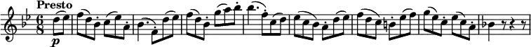 
\version "2.18.2"
\relative c'' {
  \key bes \major
  \time 6/8
  \tempo "Presto "
  \tempo 4 = 160
  \partial 4 d8  \p (ees)
  f (d) bes-. c (ees) a,-.
  bes4. (f8-.) d' (ees)
   f (d) bes-. g' (a) bes-.
   bes4. (f8-.) c (d)
   ees (c bes) a-. d (ees)
   f (d c) b-. ees (f)
   g (ees) c-. ees (c) a-.
   bes!4 r8 r4 r8
}
