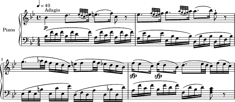 
\version "2.14.2"
\header {
  tagline = ##f
}
upper= \relative c' {
  \clef treble
  \key bes \major
  \time 4/4
  \tempo 4 = 40
  \set Staff.midiInstrument = #"piano"
     bes'4\p^\markup { Adagio } d8. [ \grace { ees32 (d c d  } ees16]) e8. (f16) c8 r8
    ees8.[  \grace { f32 (ees d ees } f16])    g8. [ \grace { a32 (g f g  } a16]) a8. (bes16) f8-! r8
    g8. (aes32 g f16 ees d c) e16 (f8 g32 f ees16 d c bes)
    f'16\sfp (ees8 c16) ees16\sfp (d8 bes16) d8. (ees32 d c16) f (ees c)
  }

lower=\relative c {
    \clef bass
    \key bes \major
    \numericTimeSignature
    \time 4/4
     bes'16 (f' d f bes, f' d f) a,  (f' c f a, f' c f)
    g,16 (ees' bes ees ees, bes' g bes) d,  (bes' f bes d, bes'  f bes)
    ees,16 (g ees b' ees, c' ees, ees') d,  (f d a' d, bes'!  d, d')
    a16 (f' c f bes, f' d f) f, (d' bes d) <f, a c>8 r8
  }

\score {
       \new PianoStaff \with { instrumentName = #"Piano" }
       <<
         \new Staff = "upper" \upper
         \new Staff = "lower" \lower
       >>
\layout { }
\midi { } }
