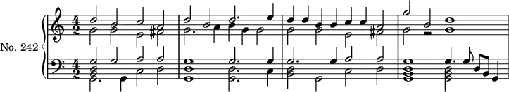 \version "2.14.2"
\header {
tagline = ##f
}
upper = \relative c' {
\clef treble
\key a \minor
\time 4/2
\tempo 2 = 66
\autoBeamOff
\set fontSize = #-1
\set Staff.midiInstrument = #"harpsichord"
<< { d'2 b c a | d b d2. e4 | d d b b c c a2 | g' b, d1 } \\ { g,2 g e fis | g2. a4 b g g2 | g g e fis g r2 g1 } >>
}
lower = \relative c {
\clef bass
\key a \minor
\time 4/2
\set Staff.midiInstrument = #"harpsichord"
<< { << g'2 d2 b2 >> g'2 a a | g1 g2. g4 } \\ { g,2. g4 c2 d | << g,1 d' >> << g,2. d'2. >> c4 } >>
<< { g'2. g4 a2 a | g1 g4. g8 d b g4 } \\ { << d'2 b2 >> g c d | << d1 b g >> << d'2 b g >> } >>
}
\score {
\new PianoStaff <<
\set PianoStaff.instrumentName = #"No. 242"
\new Staff = "upper" \upper
\new Staff = "lower" \lower
>>
\layout {
\context {
\Score
\remove "Metronome_mark_engraver"
}
}
\midi { }
}