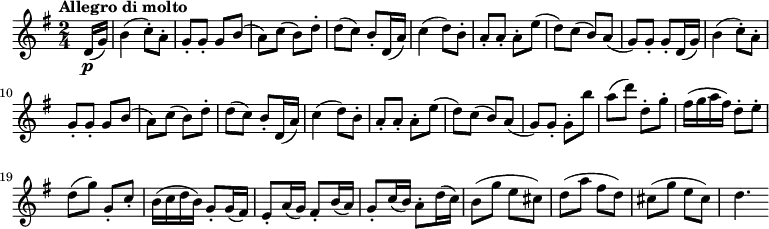 
\relative c' {
    \version "2.18.2"
     \key g \major
     \time 2/4
     \tempo "Allegro di molto"
     \tempo 4 = 140
  \partial 8 d16 \p (g)
   b4 (c8-.) a-.
   g-. g-. g b 
  (a) c (b) d-.
  d (c) b-. d,16 (a')
  c4 (d8) b-.
  a-. a-. a-. e' (d)
  c (b) a (g) g-. g-.
  
  
  d16  (g)
   b4 (c8-.) a-.
   g-. g-. g b 
  (a) c (b) d-.
  d (c) b-. d,16 (a')
  c4 (d8) b-.
  a-. a-. a-. e' (d)
  c (b) a (g) g-. g-.
  b' a (d) d,-. g-.
  fis16 (g a fis) d8-. e-.
  d (g) g,-. c-.
  b16 (c d b) g8-. g16 (fis)
  e8-. a16 (g) fis8-. b16 (a)
  g8-. c16 (b) a8-. d16 (c)
  b8 (g' e cis)
d (a' fis d)
cis (g' e cis)
d4.
}
