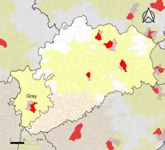 Localisation de l'aire d'attraction de Gray dans le département de la Haute-Saône.