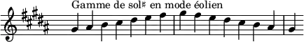 
\relative c'' { 
  \key gis \aeolian
  \clef treble \time 7/4 \hide Staff.TimeSignature gis4^\markup { Gamme de sol♯ en mode éolien } ais b cis dis e fis gis fis e dis cis b ais gis
}
