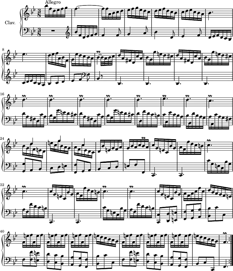 
\version "2.18.2"
\header {
  tagline = ##f
}

% petites notes
prallBes = { \tag #'print { bes4\prall~ } \tag #'midi { \times 2/3 { c32 bes c bes c bes~ } bes8~ } }
prallD = { \tag #'print { d4.\prall } \tag #'midi { \times 2/3 { ees32 d ees d ees d~ } d4 } }
prallEes = { \tag #'print { ees4.\prall } \tag #'midi { \times 2/3 { f32 ees f ees f ees~ } ees4 } }
prallC = { \tag #'print { c4.\prall } \tag #'midi { \times 2/3 { d32 c d c d c~ } c4 } }
prallF = { \tag #'print { f4.\prall } \tag #'midi { \tempo 4. = 50 \times 2/3 { g32 f g f g f~ } \tempo 4. = 45 f4   \tempo 4. = 60 } }

prallBesqq = { \tag #'print { bes16\prall } \tag #'midi { \times 2/3 { bes32 c bes } } }

upper = \relative c'' {
  \clef treble 
  \key bes \major
  \time 3/8
  \tempo 4. = 60
  \set Staff.midiInstrument = #"harpsichord"

  \repeat volta 2 {
      s8*0^\markup{Allegro}
      bes'16 f d ees f g  | f4.~ f16 f a, bes c d | ees f g ees d c | d ees f d c bes  |
      % ms. 6
      c16 d ees c bes a | bes4. | ees | d16 ees f a, bes f | g ees' d c bes a |
      % ms. 11
      \prallBes bes32 a bes c | \repeat unfold 2 { d16 a fis d c' a | bes g g' e d cis } |
      % ms. 16
      \repeat unfold 5 { \prallD }
      % ms. 21
      \prallEes \prallD \prallC << { s8 d4 s8 g4 s8 c,4 } \\ { bes16 g d' f, e d | e' c g' bes, a g | a f c' ees, d c  } >>
      % ms. 27
      d16 bes' e, g f a | g bes a c \prallBesqq a16 | \repeat unfold 2 { c16 g e c bes' g | a f f' d c b |
      % ms. 31
      \repeat unfold 2 { \prallC } }
      % ms. 37
      c16 g e c bes' g | a f a c f c | d bes a g f e | \repeat unfold 2 { \repeat unfold 6 { f e' f } e16 d c bes a g } | \prallF
}
}%reprise

lower = \relative c' {
  \clef bass
  \key bes \major
  \time 3/8
  \set Staff.midiInstrument = #"harpsichord"

  \repeat volta 2 {
    % **************************************
       R4. |   \clef treble  bes'16 f d ees f g | f4 f8 | g4 a8 | bes4 d,8 |
       % ms. 6
       ees4 f8 | d16 ees f d c bes | c d ees c bes a | bes8 c d | ees[ f]   \clef bass f, |
       % ms. 11
       bes,4 r8 | d,4. d d d |
       % ms. 16
       \repeat unfold 2 { d''16 a fis d c' a | bes g g' e d cis } | d16 d, f' d c b |
       % ms. 21
       c16 c, ees' c bes a | bes bes, d' bes a g  | a a, c' a g fis | < g, g' >8 a bes | c d e |
       % ms. 28
       < f, f' >8 g a | bes c d | e  f f, | \repeat unfold 2 { c4. c | c''16 g e c bes' g | a f f' d c b } |
       % ms. 37
       < c,, c'>8 < d d' > < e e' > < f f' > < g g' > < a a' > < bes bes' > c' c,  | f8 < f f' > < e e' > < d d' > < c c' > < bes bes' > < a a' > < g g' > < f f' > | 
       % ms. 43
       < bes bes' >8 c' c, | f8 < f f' > < e e' > < d d' > < c c' > < bes bes' > < a a' > < g g' > < f f' > | bes8 c c, f4. }%reprise


}

thePianoStaff = \new PianoStaff <<
    \set PianoStaff.instrumentName = #"Clav."
    \new Staff = "upper" \upper
    \new Staff = "lower" \lower
  >>

\score {
  \keepWithTag #'print \thePianoStaff
  \layout {
      #(layout-set-staff-size 17)
    \context {
      \Score
     \override SpacingSpanner.common-shortest-duration = #(ly:make-moment 1/2)
      \remove "Metronome_mark_engraver"
    }
  }
}

\score {
  \unfoldRepeats
  \keepWithTag #'midi \thePianoStaff
  \midi { }
}
