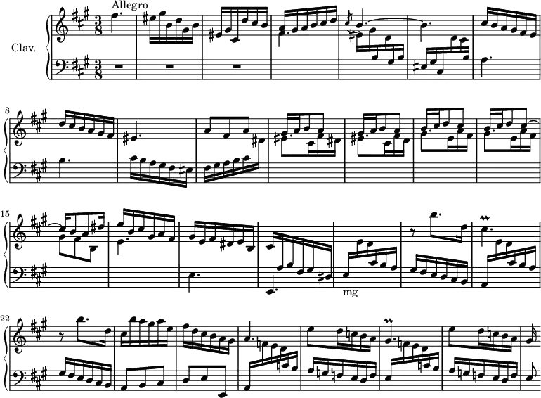 \version "2.18.2"
\header {
tagline = ##f
% composer = "Domenico Scarlatti"
% opus = "K. 448"
% meter = "Allegro"
}
%% les petites notes
trillCisp = { \tag #'print { cis4.\prall } \tag #'midi { d32 cis d cis~ cis4 } }
trillGisp = { \tag #'print { gis4.\prall } \tag #'midi { a32 gis a gis~ gis4 } }
upper = \relative c'' {
\clef treble
\key fis \minor
\time 3/8
\tempo 4. = 78
\set Staff.midiInstrument = #"harpsichord"
\override TupletBracket.bracket-visibility = ##f
s8*0^\markup{Allegro}
fis4. | eis16 gis b, d gis, b | eis, gis cis, d' cis b | a gis a b cis d | \acciaccatura cis8 \stemUp b4.^~ | \stemNeutral
% ms. 6
b4. | cis16 b a gis fis e | d' cis b a gis fis | eis4. | a8 fis a | \repeat unfold 2 { gis16 a b8 a } |
% ms. 13
\stemUp \repeat unfold 2 { b16 cis d8 cis^~ } | cis16 b8 a dis16 | \stemNeutral e16 b cis gis a fis | gis e fis dis e b |
% ms. 18
cis16 \stemUp \change Staff = "lower" a b fis gis dis | \stemNeutral \change Staff = "upper" s4. | r8 b'''8. d,16 | \trillCisp | r8 b'8. d,16 | cis16 b' a gis a e |
% ms. 24
fis16 d cis b a gis | a4. | e'8 d16 c b a | \trillGisp | e'8 d16 c b a | gis16
}
lower = \relative c' {
\clef bass
\key fis \minor
\time 3/8
\set Staff.midiInstrument = #"harpsichord"
\override TupletBracket.bracket-visibility = ##f
% ************************************** \appoggiatura a16 \repeat unfold 2 { } \times 2/3 { } \omit TupletNumber
R4.*3 | \stemDown \change Staff = "upper" fis4. | eis16 gis \stemUp \change Staff = "lower" b, \stemDown \change Staff = "upper" d \stemUp \change Staff = "lower" gis, b |
% ms. 6
eis,16 gis cis, \stemDown \change Staff = "upper" d' cis \stemUp \change Staff = "lower" b \stemNeutral | a4. | b | cis16 b a gis fis eis | fis gis a b cis \stemDown \change Staff = "upper" dis | eis8. cis16 fis dis |
% ms. 12
eis8. cis16 fis d | \repeat unfold 2 { gis8. e16 a fis } | gis8 fis b, | e4. | \stemNeutral \change Staff = "lower" e, |
% ms. 18
e,4. | \stemUp e'16-\markup{mg} \stemDown \change Staff = "upper" e' d \stemUp \change Staff = "lower" cis b a | gis fis e d cis b | a \stemDown \change Staff = "upper" e'' d \stemUp \change Staff = "lower" cis b a | gis fis e d cis b | a8 b cis |
% ms. 24
d8 e e, | a16 \stemDown \change Staff = "upper" f'' e d \stemUp \change Staff = "lower" c b | a g f e d f | e \stemDown \change Staff = "upper" f' e d \stemUp \change Staff = "lower" c b | a g f e d f |
% ms. 29
e8
}
thePianoStaff = \new PianoStaff <<
\set PianoStaff.instrumentName = #"Clav."
\new Staff = "upper" \upper
\new Staff = "lower" \lower
>>
\score {
\keepWithTag #'print \thePianoStaff
\layout {
#(layout-set-staff-size 17)
\context {
\Score
\override SpacingSpanner.common-shortest-duration = #(ly:make-moment 1/2)
\remove "Metronome_mark_engraver"
}
}
}
\score {
\keepWithTag #'midi \thePianoStaff
\midi { }
}