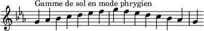 {
\override Score.TimeSignature #'stencil = ##f
\relative c'' {
\key g \phrygian
\clef treble \time 7/4
g4^\markup { Gamme de sol en mode phrygien } aes bes c d es f g f es d c bes aes g
} }