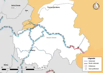 Carte du réseau routier national (autoroutes et routes nationales) dans le département de la Haute-Savoie