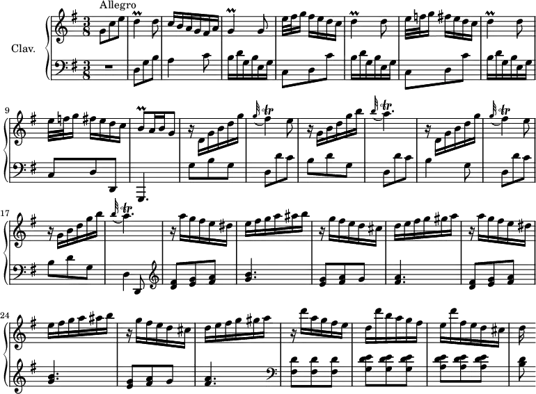 
\version "2.18.2"
\header {
  tagline = ##f
}

%% les petites notes
trillD         = { \tag #'print { d4\prall } \tag #'midi { e32 d e d~ d8 } }
trillG         = { \tag #'print { g4\prall } \tag #'midi { a32 g a g~ g8 } }
trillFisAppo   = { \tag #'print { \appoggiatura g32 fis4\trill } \tag #'midi { g32 fis g fis~ fis8 } }
trillAappo     = { \tag #'print { \appoggiatura b32 a4.\trill } \tag #'midi { b32 a b a~ a4 } }

trillBq        = { \tag #'print { b8\prall } \tag #'midi { c32 b c b } }

upper = \relative c'' {
  \clef treble 
  \key g \major
  \time 3/8
  \tempo 4. = 70
  \set Staff.midiInstrument = #"harpsichord"

      s8*0^\markup{Allegro}
      g8 c e | \trillD d8 | c16 b a g fis a | \trillG g8 | e'32[ fis g16] fis e d c | \repeat unfold 2 { \trillD d8 |
      % ms. 7
      e32[ f g16] fis e d c } | \trillBq a16 b \tempo 4. = 30 g8 | \tempo 4. = 70 \repeat unfold 2 { r16 d16 g b d g | \trillFisAppo  e8 | r16 g,b d g b |
      % ms. 14
      \trillAappo } | \repeat unfold 2 { r16 a16 g fis e dis | e fis g a ais b |
      % ms. 21
      r16 g16 fis e d cis | d e fis g gis a } |
      % ms. 27
      r16 d16 a g fis e | d d' b a g fis  | e d' fis, e d cis | d
      % ms. 33
      

}

lower = \relative c' {
  \clef bass
  \key g \major
  \time 3/8
  \set Staff.midiInstrument = #"harpsichord"

    % **************************************
      R4. | d,8 g b | a4 c8 | b16 d g, b e, g | \repeat unfold 2 { c,8 d c' | b16 d g, b e, g }
      % ms. 9
      c,8 d d, | g,4. | g''8 b g | d d' c | b d g, | d d' c | b4 g8 | d d' c | b d g, | d4 \tempo 4. = 30 d,8 | \tempo 4. = 70  \clef treble \repeat unfold 2 { < d'' fis >8 < e g > < fis a > | < g b >4. |
      % ms. 21
      < e g >8 < fis a > g < fis a >4. } |   \clef bass 
      % ms. 27
      < fis, d' >8 q q | < g d' e >8 q q | < a d e > q q | < b d >
      % ms. 33
      


}

thePianoStaff = \new PianoStaff <<
    \set PianoStaff.instrumentName = #"Clav."
    \new Staff = "upper" \upper
    \new Staff = "lower" \lower
  >>

\score {
  \keepWithTag #'print \thePianoStaff
  \layout {
      #(layout-set-staff-size 17)
    \context {
      \Score
     \override SpacingSpanner.common-shortest-duration = #(ly:make-moment 1/2)
      \remove "Metronome_mark_engraver"
    }
  }
}

\score {
  \keepWithTag #'midi \thePianoStaff
  \midi { }
}
