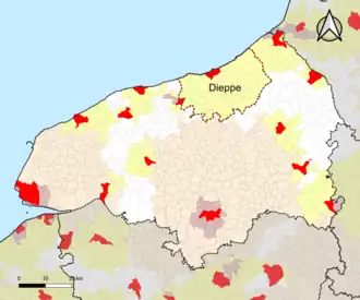 Localisation de l'aire d'attraction de Dieppe dans le département de la Seine-Maritime.