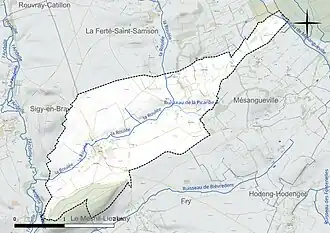 Carte en couleur présentant le réseau hydrographique de la commune