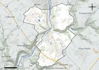 Carte en couleur présentant le réseau hydrographique de la commune