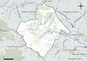 Carte en couleur présentant le réseau hydrographique de la commune