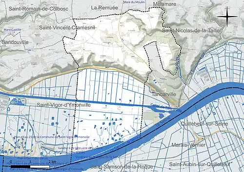 Carte en couleur présentant le réseau hydrographique de la commune