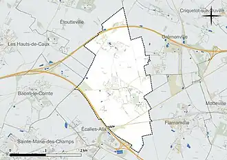 Carte en couleur présentant le réseau hydrographique de la commune