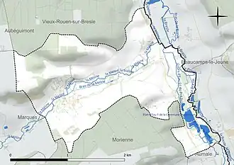 Carte en couleur présentant le réseau hydrographique de la commune