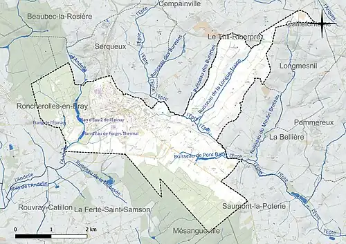 Carte en couleur présentant le réseau hydrographique de la commune