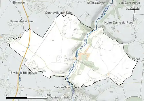 Carte en couleur présentant le réseau hydrographique de la commune