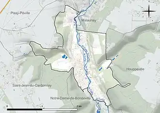 Carte en couleur présentant le réseau hydrographique de la commune