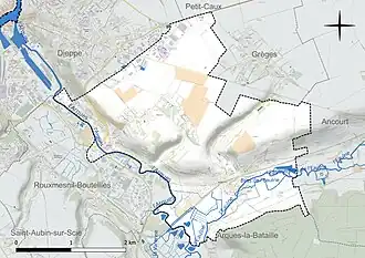Carte en couleur présentant le réseau hydrographique de la commune