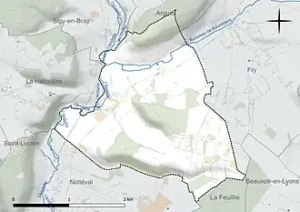 Carte en couleur présentant le réseau hydrographique de la commune