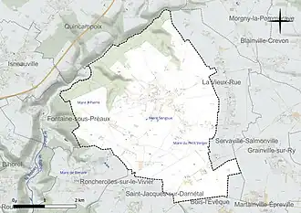 Carte en couleur présentant le réseau hydrographique de la commune