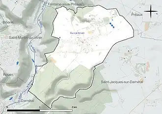 Carte en couleur présentant le réseau hydrographique de la commune