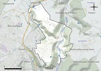 Carte en couleur présentant le réseau hydrographique de la commune
